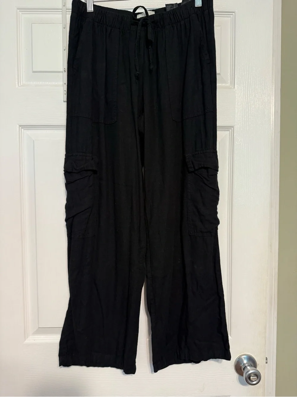 H&M Black Linen Cargo Pants with Drawstring Waist